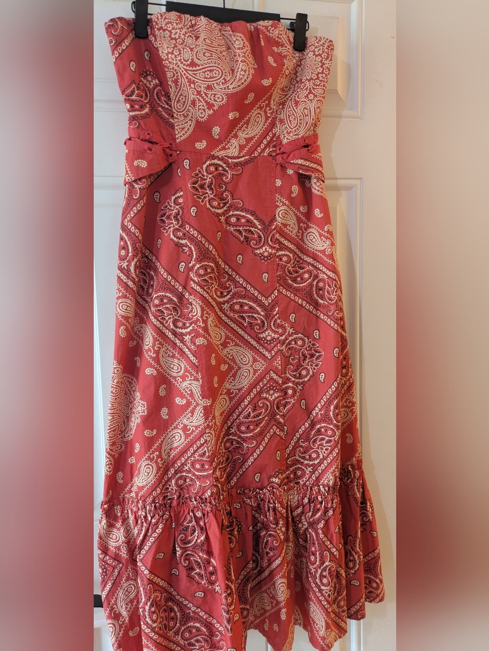Anthropologie Holding Horses Bandana Print Strapless Midi Dress Coral Paisley 0